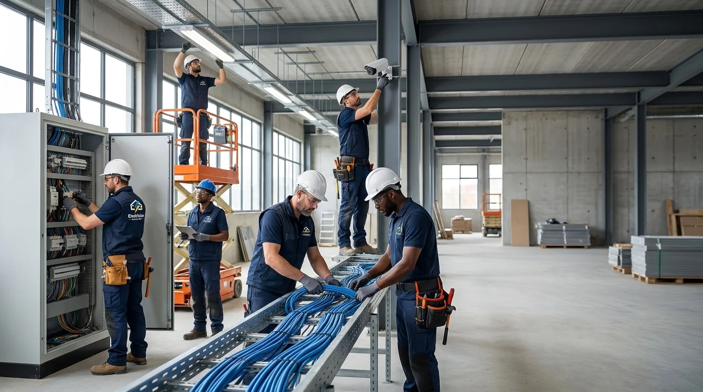 Large Electrician Lower Hutt crew installing cable trays on a large commercial construction site.