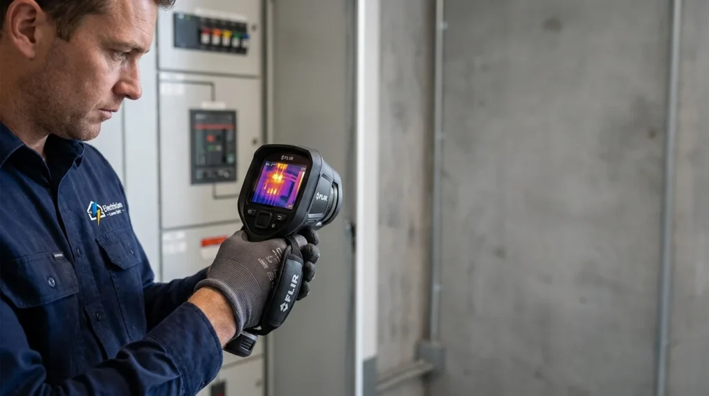 A professional Electrician Lower Hutt technician using a thermal camera for preventative annual maintenance on an electrical panel.