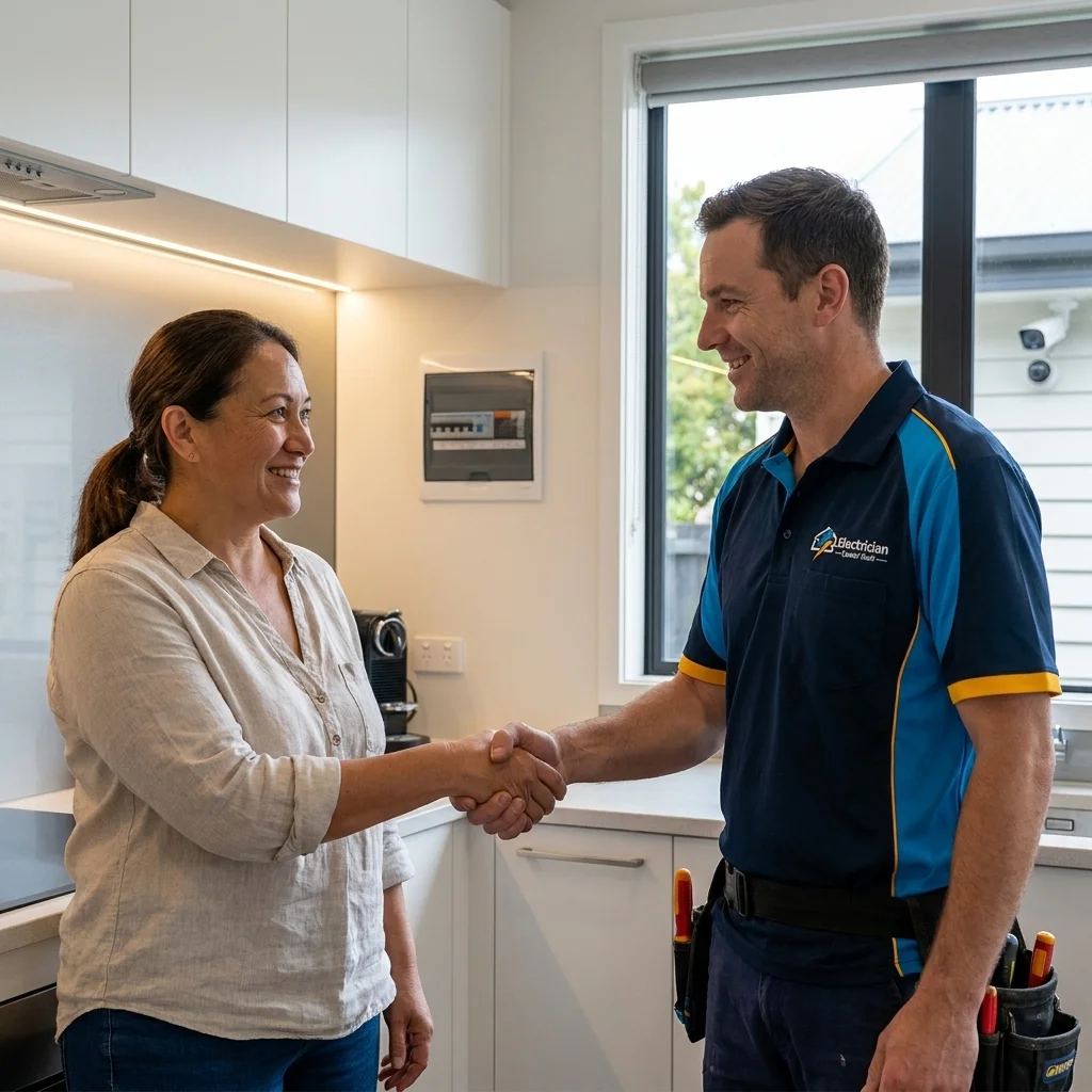 A satisfied homeowner shaking hands with a friendly electrician Lower Hutt technician inside a modern kitchen.