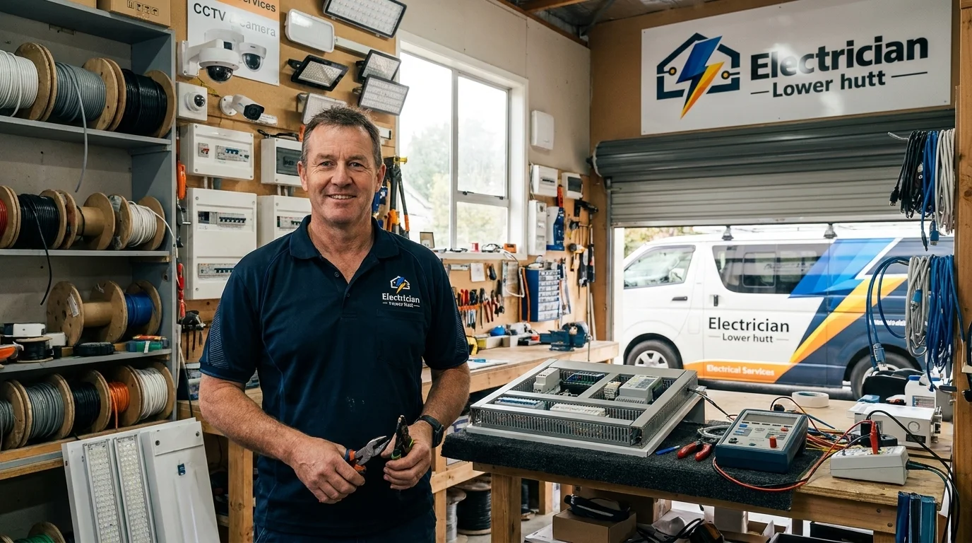Professional electrician Lower Hutt owner smiling in his well-stocked workshop with a service van outside.