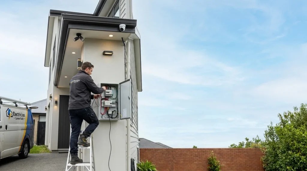 A professional electrician Lower Hutt technician on a ladder upgrading an outdoor electrical panel.