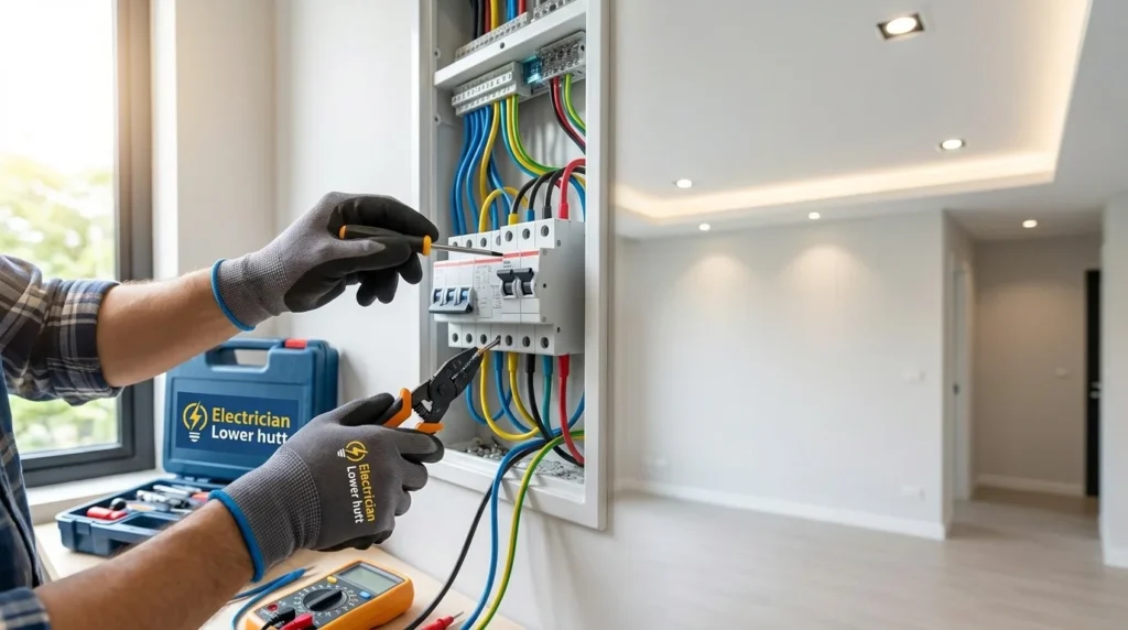 Close-up of Electrician Lower Hutt hands wearing branded gloves installing wiring into a residential switchboard.