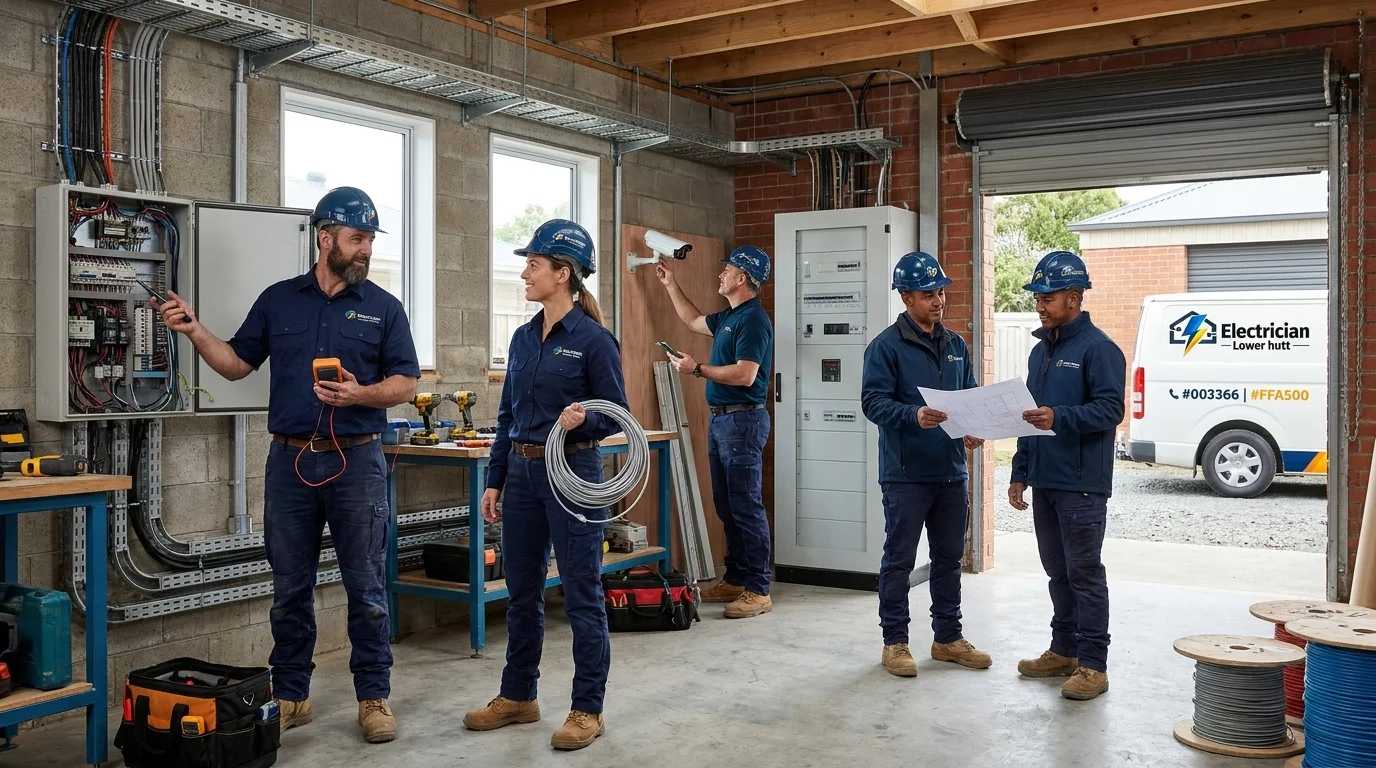 Experienced team of Electrician Lower Hutt professionals gathered in a workshop with company vehicle and electrical equipment.